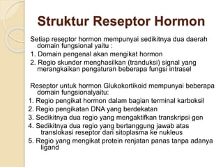 Struktur Reseptor Hormon
Setiap reseptor hormon mempunyai sedikitnya dua daerah
domain fungsional yaitu :
1. Domain pengenal akan mengikat hormon
2. Regio skunder menghasilkan (tranduksi) signal yang
merangkaikan pengaturan beberapa fungsi intrasel
Reseptor untuk hormon Glukokortikoid mempunyai beberapa
domain fungsionalyaitu:
1. Regio pengikat hormon dalam bagian terminal karboksil
2. Regio pengikatan DNA yang berdekatan
3. Sedikitnya dua regio yang mengaktifkan transkripsi gen
4. Sedikitnya dua regio yang bertanggung jawab atas
translokasi reseptor dari sitoplasma ke nukleus
5. Regio yang mengikat protein renjatan panas tanpa adanya
ligand
 