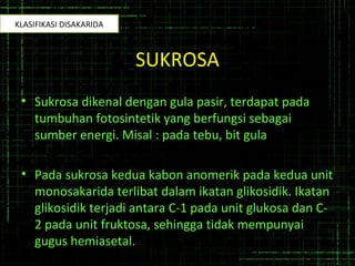 SUKROSA
• Sukrosa dikenal dengan gula pasir, terdapat pada
tumbuhan fotosintetik yang berfungsi sebagai
sumber energi. Misal : pada tebu, bit gula
• Pada sukrosa kedua kabon anomerik pada kedua unit
monosakarida terlibat dalam ikatan glikosidik. Ikatan
glikosidik terjadi antara C-1 pada unit glukosa dan C-
2 pada unit fruktosa, sehingga tidak mempunyai
gugus hemiasetal.
KLASIFIKASI DISAKARIDA
 