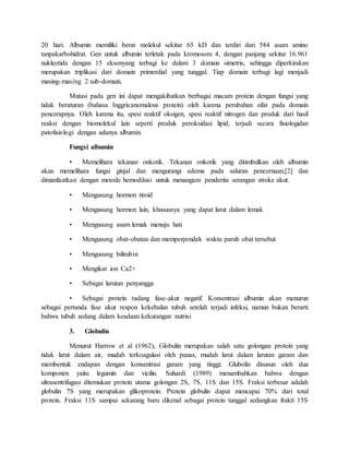 20 hari. Albumin memiliki berat molekul sekitar 65 kD dan terdiri dari 584 asam amino
tanpakarbohidrat. Gen untuk albumin terletak pada kromosom 4, dengan panjang sekitar 16.961
nukleotida dengan 15 eksonyang terbagi ke dalam 3 domain simetris, sehingga diperkirakan
merupakan triplikasi dari domain primordial yang tunggal. Tiap domain terbagi lagi menjadi
masing-masing 2 sub-domain.
Mutasi pada gen ini dapat mengakibatkan berbagai macam protein dengan fungsi yang
tidak beraturan (bahasa Inggris:anomalous protein) oleh karena perubahan sifat pada domain
pencerapnya. Oleh karena itu, spesi reaktif oksigen, spesi reaktif nitrogen dan produk dari hasil
reaksi dengan biomolekul lain seperti produk peroksidasi lipid, terjadi secara fisiologidan
patofisiologi dengan adanya albumin.
Fungsi albumin
• Memelihara tekanan onkotik. Tekanan onkotik yang ditimbulkan oleh albumin
akan memelihara fungsi ginjal dan mengurangi edema pada saluran pencernaan,[2] dan
dimanfaatkan dengan metode hemodilusi untuk menangani penderita serangan stroke akut.
• Mengusung hormon tiroid
• Mengusung hormon lain, khususnya yang dapat larut dalam lemak
• Mengusung asam lemak menuju hati
• Mengusung obat-obatan dan memperpendek waktu paruh obat tersebut
• Mengusung bilirubin
• Mengikat ion Ca2+
• Sebagai larutan penyangga
• Sebagai protein radang fase-akut negatif. Konsentrasi albumin akan menurun
sebagai pertanda fase akut respon kekebalan tubuh setelah terjadi infeksi, namun bukan berarti
bahwa tubuh sedang dalam keadaan kekurangan nutrisi
3. Globulin
Menurut Harrow et al (1962), Globulin merupakan salah satu golongan protein yang
tidak larut dalam air, mudah terkoagulasi oleh panas, mudah larut dalam larutan garam dan
membentuk endapan dengan konsentrasi garam yang tinggi. Glubolin disusun oleh dua
komponen yaitu legumin dan vicilin. Suhardi (1989) menambahkan bahwa dengan
ultrasentrifugasi ditemukan protein utama golongan 2S, 7S, 11S dan 15S. Fraksi terbesar adalah
globulin 7S yang merupakan glikoprotein. Protein globulin dapat mencapai 70% dari total
protein. Fraksi 11S sampai sekarang baru dikenal sebagai protein tunggal sedangkan frakti 15S
 