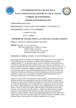 UNIVERSIDAD TÉCNICA DE MACHALA
FACULTAD DE CIENCIAS QUIMICAS Y DE LA SALUD
CARRERA DE ENFERMERIA
PRIMER SEMESTRE 2013-2014
ASIGNATURA:BIOQUIMICA
DOCENTE:BIOQ. CARLOS GARCIA MSC.CURSO: 1º ENFERMERÍA “B”
INTEGRANTES: CARRILLO TERESAGRUPO: 2
CARRION VICTOR
RIVAS ANDRES

INFORME DE NUETRA VISITA A LA ESCUELA AMADA AGURTO
TEMA: LA BUENA NUTIRICION DESDE PEQUEÑOS

MENU:YOGURT (½ vaso- 96 calorías)
FRUTAS: MANZANA (1 unidad-55 calorías)
FRESA (100gr 35 calorías)
UVAS (racimo normal- 135 calorías)
BANANA(1unidad -108 calorías)
FECHA DE LA VISITA: VIERNES 15 DE NOVIEMBRE DEL 2013
Hoy fuimos antes de las 7:00 am a la Escuelita Amada Agurto nos recibió la Directora
Lcda. Nubia junto con la Profesora Luz MaríaCarrión del grado que se nos había
asignado paralelo “C” de educación inicial, nosotros realizamos volantes para darles a
los padres de cada niño para ello la profesora dijo q sería mejor que esperáramos a los
padres en la puerta del centro educativo ya que la mayoría solo los deja en la puerta y se
van, por lo tanto eso hicimos, llegaban los padres con sus hijos nos acercamos a ellos
les comentamos sobre lo que le teníamos preparado para los niños, ellos estaban muy
contentos de la labor que estábamos realizando, dialogamos con ellos para que tomen
conciencia y que no les envían comida no saludable (chatarra) debido que esto les
produciría complicaciones a los niños en su desarrollo.
Luego a eso de las 8:00 am nos dirigimos al aula respectiva, nos presentamos con los
niños de una forma muy agradable para que ellos se sientan a gusto, les explicamos
mediante un cartel sobre la comida no saludable más conocida como chatarra ellos de
esa manera la identificaban como comida chatarra, les dijimos que eso les hace daño
que se iban a quedar chiquitos así que debían comer saludablemente para que crezcan
fuertes y sanos; el cartel que llevamos estaba dividido en dos partes en una de ellas
teníamos a un niño triste y una niña enferma y alrededor de ellos pusimos la comida
chatarra, en el otro lado del cartel teníamos a un niño y niña felices así mismo los
rodeaba la comida saludable, hicimos que ordenadamente pasara al frente cada niño/a a
señalar que es lo que más le gustaba ningún niño señalo la comida no saludables, todos
señalaron frutas e incluso sopa, a la mayoría le gustaba la uva y la sopa.

 