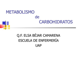 METABOLISMO    de    CARBOHIDRATOS Q.F. ELSA BÉJAR CAMARENA ESCUELA DE ENFERMERÍA UAP 