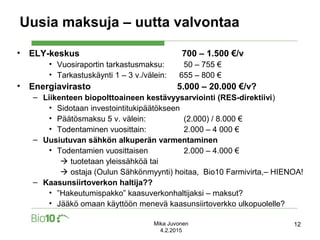 Mika Juvonen
4.2.2015
Uusia maksuja – uutta valvontaa
• ELY-keskus 700 – 1.500 €/v
• Vuosiraportin tarkastusmaksu: 50 – 75...