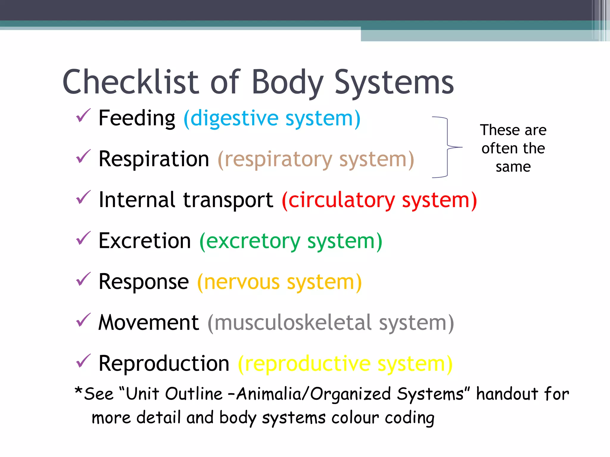 Checklist of Body Systems Feeding  (digestive system) Respiration  (respiratory system) Internal transport  (circulatory system) Excretion  (excretory system) Response  (nervous system) Movement  (musculoskeletal system) Reproduction  (reproductive system) *See “Unit Outline –Animalia/Organized Systems” handout for more detail and body systems colour coding These are often the same 