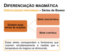 DIFERENCIAÇÃO MAGMÁTICA
CRISTALIZAÇÃO FRACIONADA – Séries de Bowen
Estas séries correspondem a fenómenos que
ocorrem simultaneamente à medida que a
temperatura do magma vai diminuindo.
SÉRIE DESCONTÍNUA
Existem duas
séries de reações:
SÉRIE CONTÍNUA
 