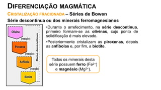 CRISTALIZAÇÃO FRACIONADA – Séries de Bowen
Série descontínua ou dos minerais ferromagnesianos
•Durante o arrefecimento, na série descontínua,
primeiro formam-se as olivinas, cujo ponto de
solidificação é mais elevado.
•Posteriormente cristalizam as piroxenas, depois
as anfíbolas e, por fim, a biotite.
Todos os minerais desta
série possuem ferro (Fe2+)
e magnésio (Mg2+).
DIFERENCIAÇÃO MAGMÁTICA
 