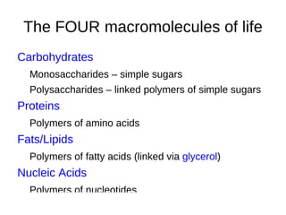 The FOUR macromolecules of life Carbohydrates Monosaccharides – simple sugars 