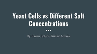 Yeast Cells vs Different Salt
Concentrations
By: Rawan Gebreil, Jasmine Arreola
 
