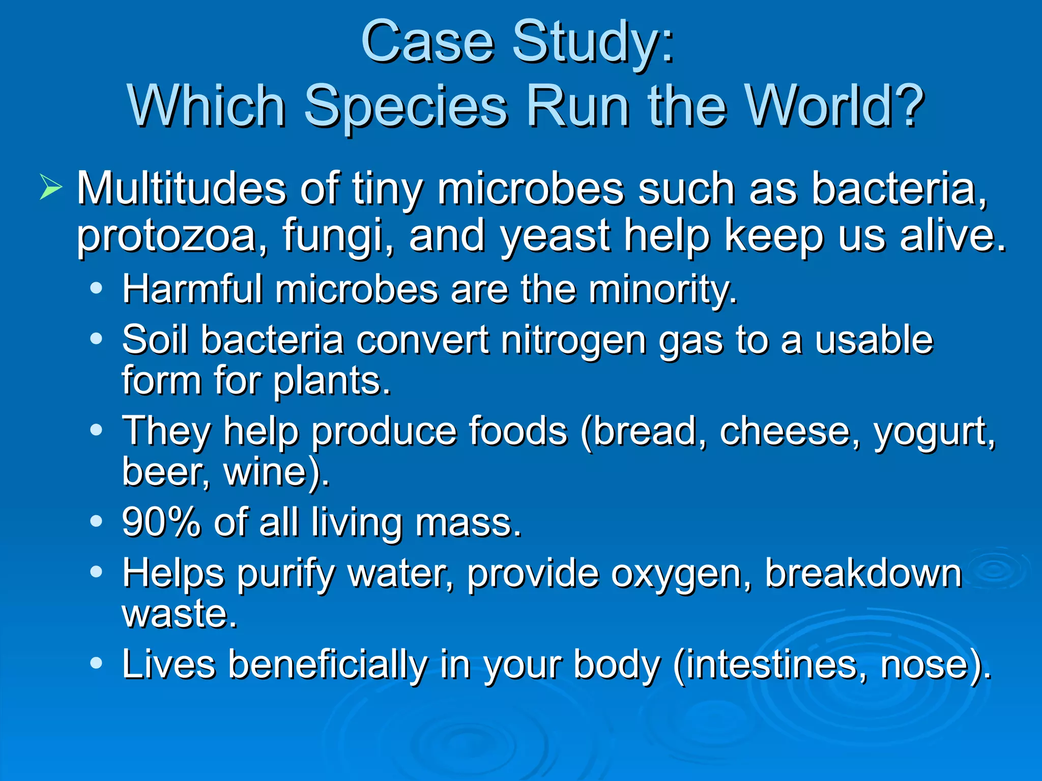 Case Study:  Which Species Run the World? Multitudes of tiny microbes such as bacteria, protozoa, fungi, and yeast help keep us alive. Harmful microbes are the minority. Soil bacteria convert nitrogen gas to a usable form for plants. They help produce foods (bread, cheese, yogurt, beer, wine). 90% of all living mass. Helps purify water, provide oxygen, breakdown waste. Lives beneficially in your body (intestines, nose). 