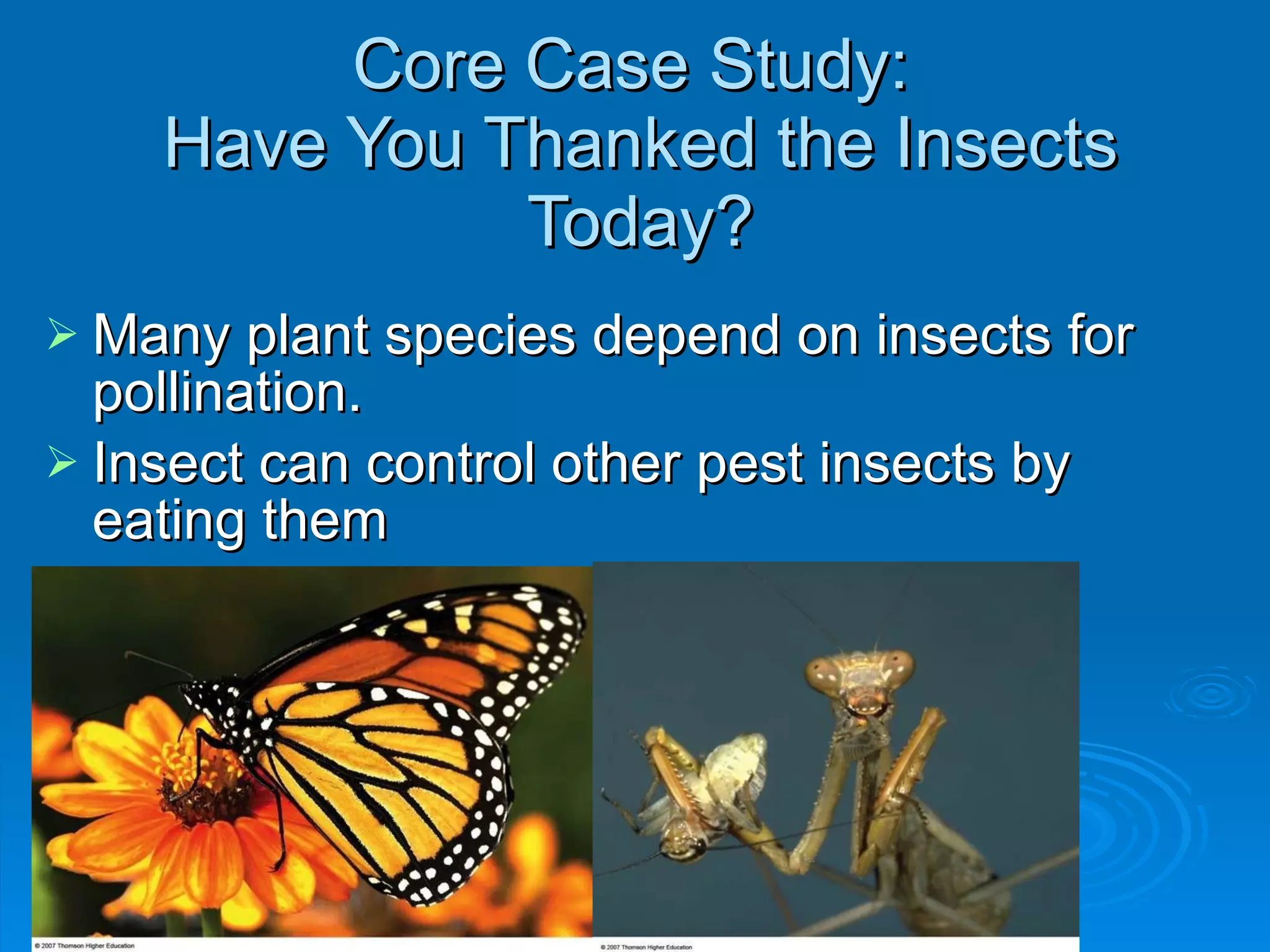 Core Case Study:  Have You Thanked the Insects Today? Many plant species depend on insects for pollination. Insect can control other pest insects by eating them 