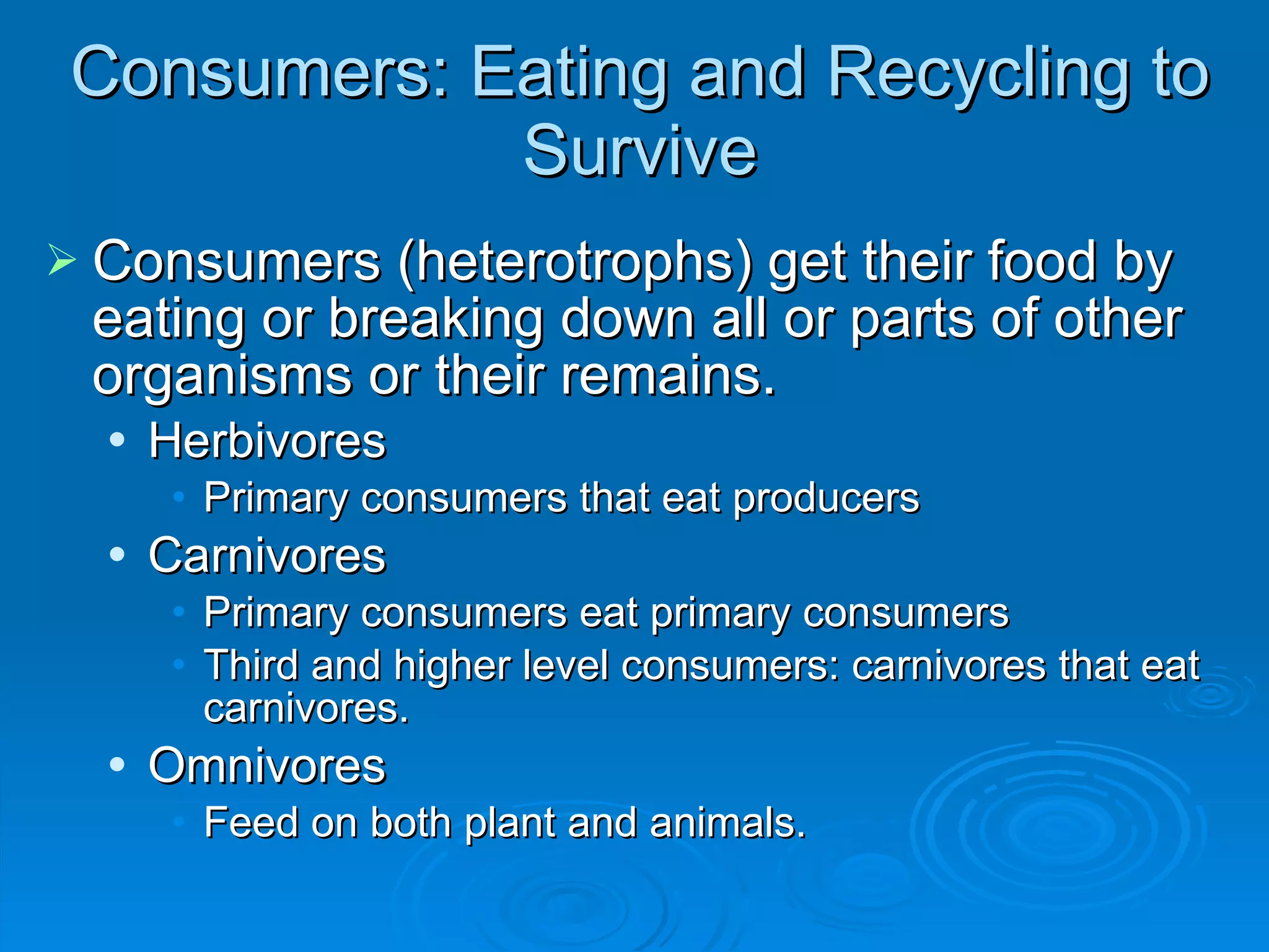 Consumers: Eating and Recycling to Survive Consumers (heterotrophs) get their food by eating or breaking down all or parts of other organisms or their remains. Herbivores Primary consumers that eat producers Carnivores Primary consumers eat primary consumers Third and higher level consumers: carnivores that eat carnivores. Omnivores Feed on both plant and animals. 