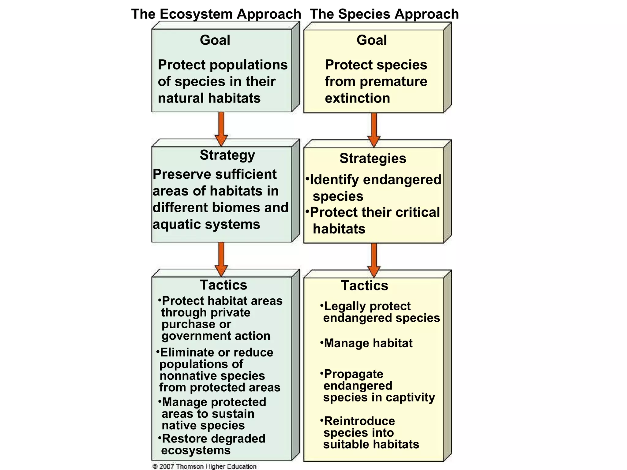 The Ecosystem Approach Protect populations of species in their natural habitats Goal The Species Approach Goal Protect species from premature extinction Preserve sufficient areas of habitats in different biomes and aquatic systems Strategy Tactics Protect habitat areas through private purchase or government action Eliminate or reduce populations of  nonnative species  from protected areas  Manage protected areas to sustain native species Restore degraded ecosystems Tactics Legally protect endangered species Manage habitat Propagate  endangered species in captivity Reintroduce species into suitable habitats Strategies Identify endangered species Protect their critical habitats 