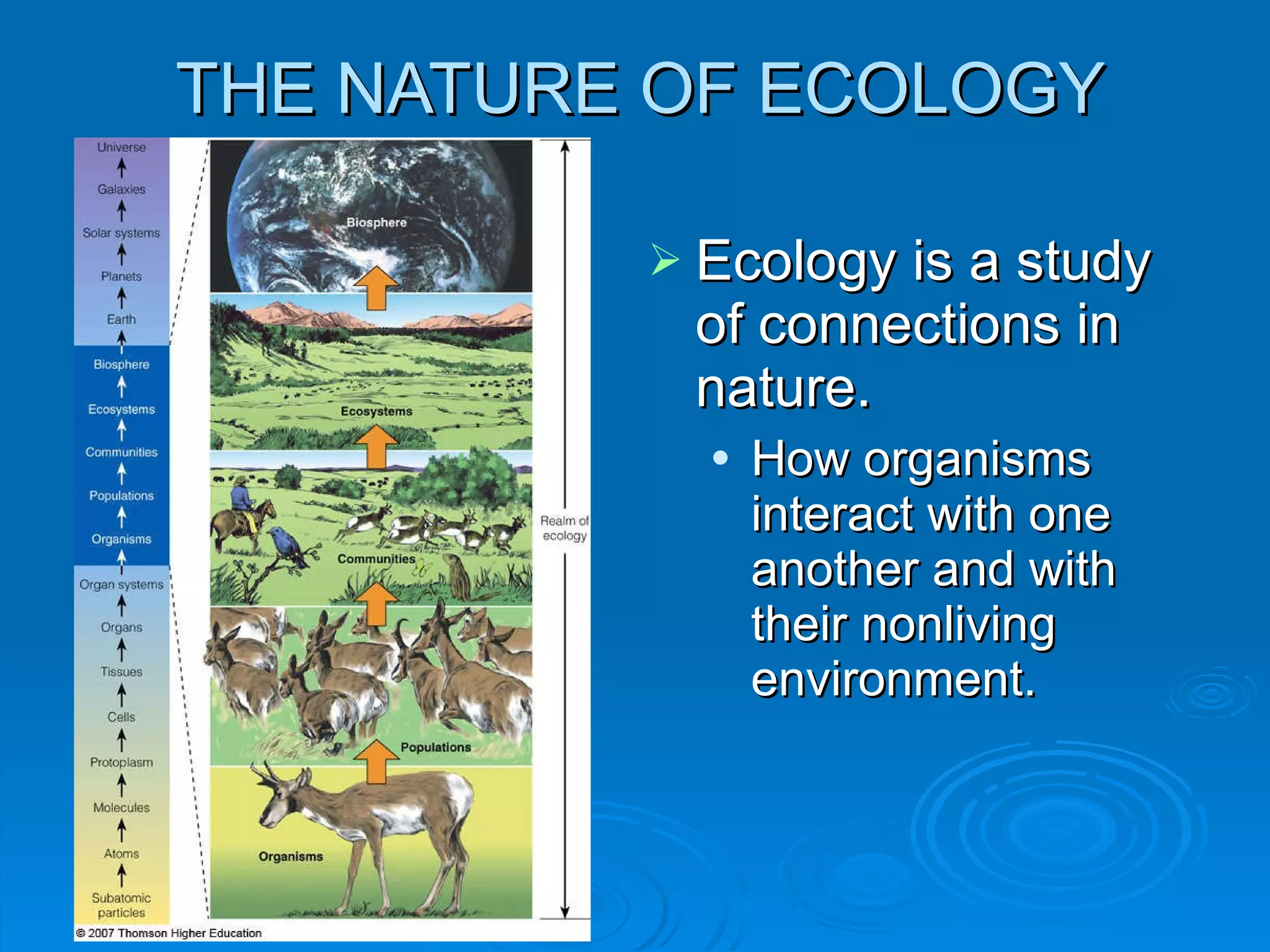 THE NATURE OF ECOLOGY Ecology is a study of connections in nature. How organisms interact with one another and with their nonliving environment. 