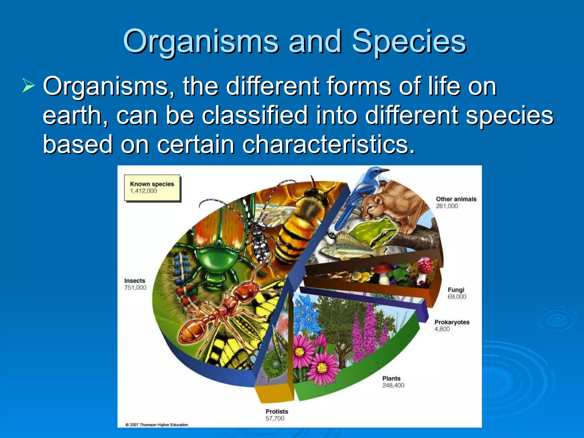 Organisms and Species Organisms, the different forms of life on earth, can be classified into different species based on certain characteristics. 