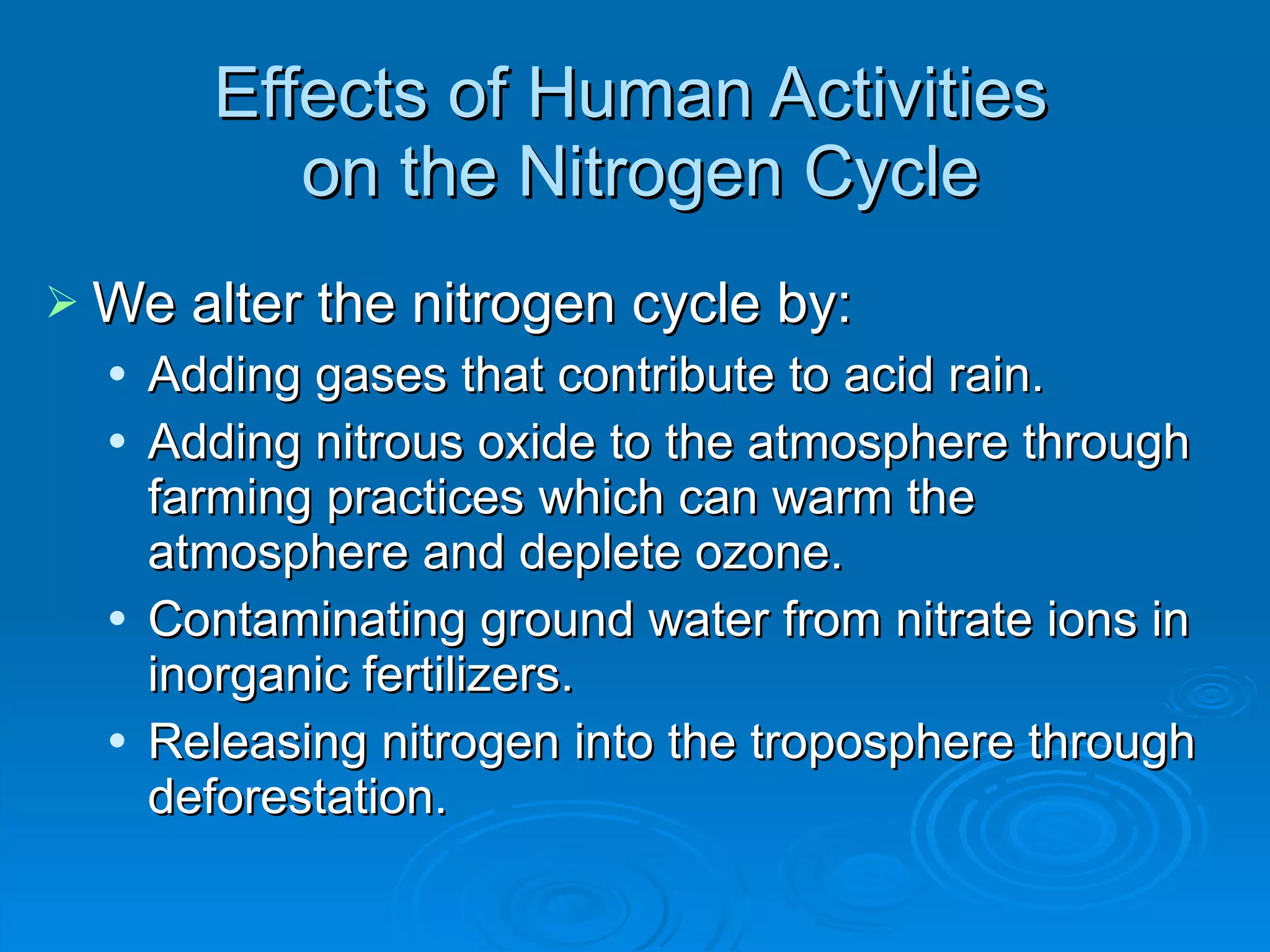 Effects of Human Activities  on the Nitrogen Cycle We alter the nitrogen cycle by: Adding gases that contribute to acid rain. Adding nitrous oxide to the atmosphere through farming practices which can warm the atmosphere and deplete ozone. Contaminating ground water from nitrate ions in inorganic fertilizers. Releasing nitrogen into the troposphere through deforestation. 