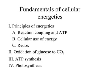Fundamentals of cellular 
energetics 
I. Principles of energetics 
A. Reaction coupling and ATP 
B. Cellular use of energy 
C. Redox 
II. Oxidation of glucose to CO2 
III. ATP synthesis 
IV. Photosynthesis 
 