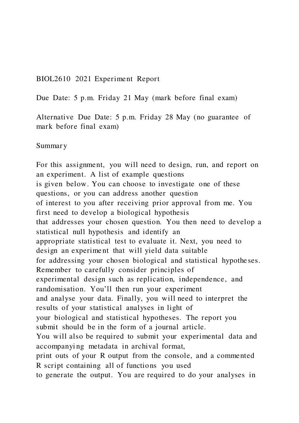 BIOL2610 2021 Experiment ReportDue Date 5 p.m. Friday 21 | PDF
