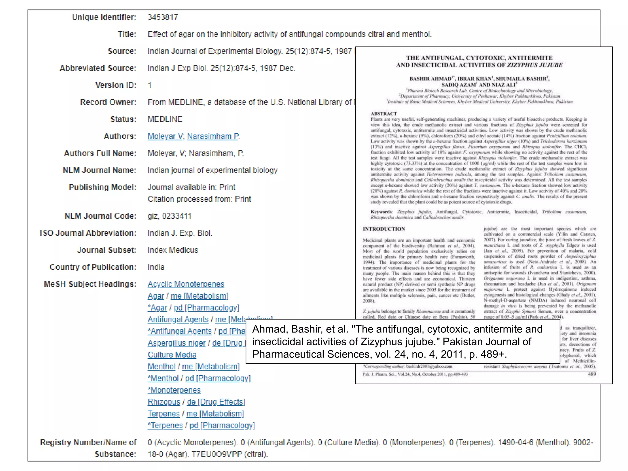 Ahmad, Bashir, et al. "The antifungal, cytotoxic, antitermite and
insecticidal activities of Zizyphus jujube." Pakistan Journal of
Pharmaceutical Sciences, vol. 24, no. 4, 2011, p. 489+.
 