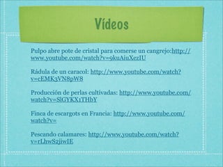 Vídeos
Pulpo abre pote de cristal para comerse un cangrejo:http://
www.youtube.com/watch?v=9kuAiuXezIU

Rádula de un caracol: http://www.youtube.com/watch?
v=cEMK3VN8pW8

Producción de perlas cultivadas: http://www.youtube.com/
watch?v=SlGYKX1THbY

Finca de escargots en Francia: http://www.youtube.com/
watch?v=

Pescando calamares: http://www.youtube.com/watch?
v=rLhwS2jiwIE
 