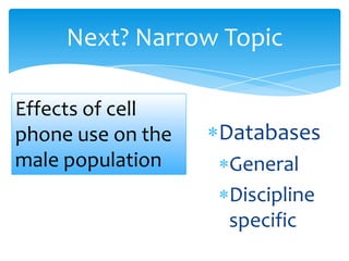 Next? Narrow Topic
Databases
General
Discipline
specific
Effects of cell
phone use on the
male population
 