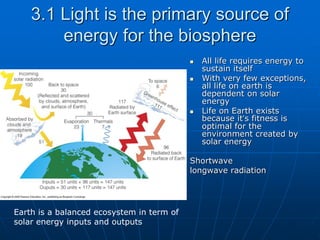  All life requires energy to
sustain itself
 With very few exceptions,
all life on earth is
dependent on solar
energy
 Life on Earth exists
because it’s fitness is
optimal for the
environment created by
solar energy
Shortwave
longwave radiation
Earth is a balanced ecosystem in term of
solar energy inputs and outputs
3.1 Light is the primary source of
energy for the biosphere
 
