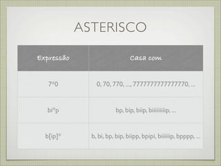 ASTERISCO

Expressão                       Casa com


   7*0          0, 70, 770, ..., 7777777777777770, ...


  bi*p                   bp, bip, biip, biiiiiiiiip, ...


  b[ip]*      b, bi, bp, bip, biipp, bpipi, biiiiiip, bpppp, ...
 