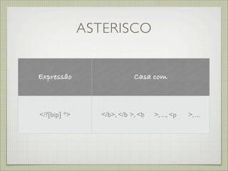 ASTERISCO


Expressão                  Casa com



</?[bip] *>     </b>, </b >, <b   >, ..., <p   >, ...
 