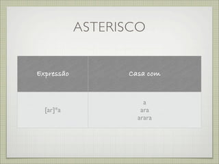 ASTERISCO


Expressão         Casa com


                      a
  [ar]*a             ara
                    arara
 