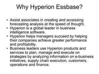 Why Hyperion Essbase? Assist associates in creating and accessing forecasting analysis at the speed of thought. Hyperion is a global leader in business intelligence software.  Hyperion helps managers succeed by helping their companies achieve greater performance and profitability.  Business leaders use Hyperion products and services to plan, manage and execute on strategies by analyzing information on e-business initiatives, supply chain execution, customers, operations and finance.  