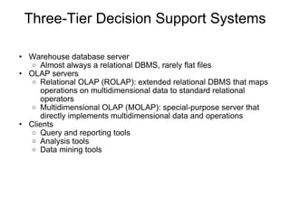 Three-Tier Decision Support Systems Warehouse database server Almost always a relational DBMS, rarely flat files OLAP servers Relational OLAP (ROLAP): extended relational DBMS that maps operations on multidimensional data to standard relational operators Multidimensional OLAP (MOLAP): special-purpose server that directly implements multidimensional data and operations Clients Query and reporting tools Analysis tools Data mining tools 