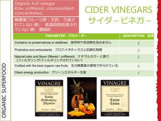 CIDER VINEGARS
ӥͥ
PARAMETER ѥᣭ DESCRIPTION ӛ
Contains no preservatives or additives Ϥ򺬤ߤޤ 
Probiotics and antioxidants ץХƥȿữ| 
Natural color and flavor (filtered / unfiltered) ʥ륫飭
ե륿/ե륿󥰤Ƥʤ

Crafted with the best organic raw fruits ΟoraιƤ 
Clean energy production `󥨥ͥ륮`b 
ORGANICSUPERFOOD Organic fruit vinegar
Raw, unfiltered, unpasteurized,
concentrated.
oraե룭^
Ƥʤ I
Ƥʤs
 