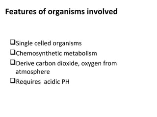 Features of organisms involved
Single celled organisms
Chemosynthetic metabolism
Derive carbon dioxide, oxygen from
atmosphere
Requires acidic PH
 