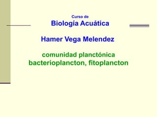 comunidad planctónica
bacterioplancton, fitoplancton
Curso de
Biología Acuática
Hamer Vega Melendez
 