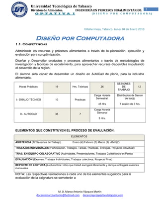 Universidad Tecnológica de Tabasco
              División de Alimentos.            INGENIERÍA EN PROCESOS BIOALIMENTARIOS.                        2
m.
                 O P T A T I V A I                            (D I S E Ñ O      P O R     C O M P U T A D O R A)




                                                        Villahermosa, Tabasco. Lunes 04 de Enero 2010


                  Diseño por Computadora
1.1. Competencias

Administrar los recursos y procesos alimentarios a través de la planeación, ejecución y
evaluación para su optimización.
Diseñar y Desarrollar productos y procesos alimentarios a través de metodologías de
investigación y técnicas de escalamiento, para aprovechar recursos disponibles impulsando
el desarrollo de la región.
El alumno será capaz de desarrollar un diseño en AutoCad de plano, para la industria
alimentaria.
                                                                                     SESIONES
     Horas Prácticas            19            Hrs. Teóricas           26                DE               12
                                                                                     TRABAJO

                                                                Carga Horaria       Distribucion de Sesion
I.- DIBUJO TÉCNICO              10              Practicas        Semestral:                de trabjo

                                                                    45 Hrs                1 sesion de 3 hrs.

                                                                Carga horaria
                                                                  Semanal
     II.- AUTOCAD               35                  7
                                                                    3 Hrs.



ELEMENTOS QUE CONSTITUYEN EL PROCESO DE EVALUACIÓN:
                                             ELEMENTOS

ASISTENCIA (12 Sesiones de Trabajo).          Enero (4) Febrero (3) Marzo (3) Abril (2)

TRABAJOS INDIVIDUALES (Participación, Trabajos, Tareas, Practicas, Entregas, Proyecto Individual)

TRAB. EN EQUIPO COLABORATIVO (Actividades, Presentaciones, Trabajos Colectivos o en Pareja

EVALUACIÓN (Examen, Trabajos Individuales, Trabajos colectivos, Proyecto Final)

REPORTE DE LECTURA (Lectura libre: Libro que Usted escogerá libremente y del que entregará avances
mensuales

NOTA: Las respectivas valoraciones a cada uno de los elementos sugeridos para la
evaluación de la asignatura se someterán a



                                   M. D. Marco Antonio Vázquez Martín
                   docentemarcoantonio@hotmail.com docenciaprospectiva.blogspot.com
 