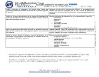 Universidad Tecnológica de Tabasco
               División de Alimentos.               INGENIERÍA EN PROCESOS BIOALIMENTARIOS.                      6
    m.
                  O P T A T I V A I                                (D I S E Ñ O    P O R   C O M P U T A D O R A)                    2ºC U AT . V ES P.

Realizar programas de capacitación del personal para mejorar sus            Elabora el documento sobre el programa de detección de necesidades de una
capacidades y habilidades, mediante la detección de necesidades y gestión   empresa que incluya el diagnostico (tipo de curso, número de participantes,
de recursos.                                                                puesto dentro de la empresa), calendarización, presupuesto, y justificación del
                                                                            programa.

Realizar el protocolo de investigación en la empresa para establecer las    Elaborar un protocolo de investigación de un proceso alimentario que incluya:
condiciones de elaboración del producto y desarrollar el proceso mediante        Antecedentes
la aplicación del método científico.                                             Justificación
                                                                                 Objetivos
                                                                                 Metodología




                                                                                                                                                              docentemarcoantonio@hotmail.com
                                                                                 Resultados y Discusión
                                                                                 Conclusiones
                                                                                 Bibliografía
                                                                                 Así como presentar el producto terminado
Realizar el Escalamiento de procesos en plantas de alimentos mediante la    Realizar un estudio que incluya: Memoria de cálculo del proceso de producción
aplicación del estudio técnico ingenieril para establecer la producción a   (formulación, especificaciones técnicas del equipo. Operaciones unitarias del
nivel industrial.                                                           proceso). Diagrama de proceso. Presentar en forma oral y escrita.

Realizar el estudio técnico del proyecto mediante la aplicación de la       Elaborar un documento que incluya:
metodología que corresponda para determinar la viabilidad técnica del            El diagnostico regional
proyecto a través del análisis del proceso.                                      Identificación de recursos alimentarios disponibles
                                                                                 Macrolocalización
                                                                                 Microlocalización
                                                                                 Distribución de Planta
                                                                                 Descripción del proceso
                                                                                 Materias Primas e Insumos
                                                                                 Servicios.




    A continuación se presenta un cuadro en el que se indican algunas de las principales características que podemos identificar en cada uno de los
    diferentes tipos de personas de acuerdo al tipo de aprendizaje que les identifica lo más cercano a los rasgos más representativos.

    Al identificarse con algún tipo de aprendizaje en particular puede que le permita a su vez que se conozca un poco más a Usted mismo y esto le
    genera una comprensión mejor de sus fortalezas, debilidades y posibles potencialidades.




                                                       M. D. Marco Antonio Vázquez Martín
                                       docentemarcoantonio@hotmail.com docenciaprospectiva.blogspot.com
 