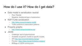 How do I use it? How do I get data?
● Data model is serialization neutral
○ Plus: Flexible
○ Negative: Additional layer of abstraction
● RDF/Turtle serialization
○ http://data.monarchinitiative.org/ttl/
○ Turtle conforms to association patterns
● Property graphs
○ http://neo4j.monarchinitiative.org/
● JSON
○ Challenge: lack of polymorphism
○ Available via generic model or specific models
○ API http://api.monarchinitiative.org/api/
○ Preview: https://data.monarchinitiative.org/json/
○ BDBags of JSON coming soon
 