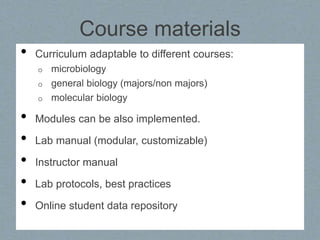 Course materials
• Curriculum adaptable to different courses:
o microbiology
o general biology (majors/non majors)
o molecular biology
• Modules can be also implemented.
• Lab manual (modular, customizable)
• Instructor manual
• Lab protocols, best practices
• Online student data repository
 