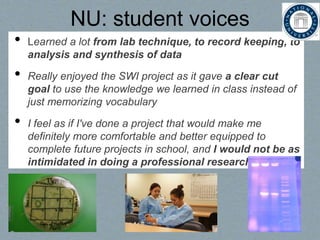 NU: student voices
• Learned a lot from lab technique, to record keeping, to
analysis and synthesis of data
• Really enjoyed the SWI project as it gave a clear cut
goal to use the knowledge we learned in class instead of
just memorizing vocabulary
• I feel as if I've done a project that would make me
definitely more comfortable and better equipped to
complete future projects in school, and I would not be as
intimidated in doing a professional research project
 