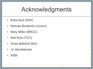 Acknowledgments
• Erika Kurt (SWI)
• Nichole Broderick (Uconn)
• Mary Miller (BRCC)
• Neil Enis (TCC)
• Huda Makhluf (NU)
• Jo Handelsman
• ASM
 
