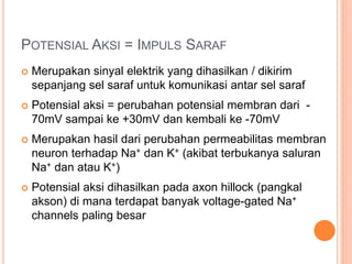 POTENSIAL AKSI = IMPULS SARAF
 Merupakan sinyal elektrik yang dihasilkan / dikirim
sepanjang sel saraf untuk komunikasi antar sel saraf
 Potensial aksi = perubahan potensial membran dari -
70mV sampai ke +30mV dan kembali ke -70mV
 Merupakan hasil dari perubahan permeabilitas membran
neuron terhadap Na+ dan K+ (akibat terbukanya saluran
Na+ dan atau K+)
 Potensial aksi dihasilkan pada axon hillock (pangkal
akson) di mana terdapat banyak voltage-gated Na+
channels paling besar
 