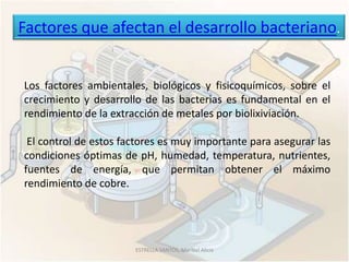 Factores que afectan el desarrollo bacteriano.


Los factores ambientales, biológicos y fisicoquímicos, sobre el
crecimiento y desarrollo de las bacterias es fundamental en el
rendimiento de la extracción de metales por biolixiviación.

 El control de estos factores es muy importante para asegurar las
condiciones óptimas de pH, humedad, temperatura, nutrientes,
fuentes de energía, que permitan obtener el máximo
rendimiento de cobre.




                       ESTRELLA SANTOS, Maribel Alicia
 