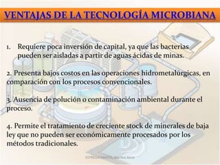 1. Requiere poca inversión de capital, ya que las bacterias
   pueden ser aisladas a partir de aguas ácidas de minas.

2. Presenta bajos costos en las operaciones hidrometalúrgicas, en
comparación con los procesos convencionales.

3. Ausencia de polución o contaminación ambiental durante el
proceso.

4. Permite el tratamiento de creciente stock de minerales de baja
ley que no pueden ser económicamente procesados por los
métodos tradicionales.
                         ESTRELLA SANTOS, Maribel Alicia
 
