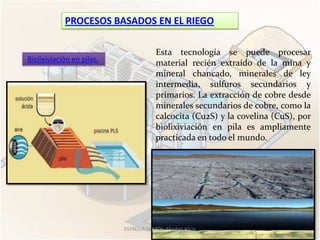 PROCESOS BASADOS EN EL RIEGO

                                        Esta tecnología se puede procesar
Biolixiviación en pilas.
                                        material recién extraído de la mina y
                                        mineral chancado, minerales de ley
                                        intermedia, sulfuros secundarios y
                                        primarios. La extracción de cobre desde
                                        minerales secundarios de cobre, como la
                                        calcocita (Cu2S) y la covelina (CuS), por
                                        biolixiviación en pila es ampliamente
                                        practicada en todo el mundo.




                           ESTRELLA SANTOS, Maribel Alicia
 