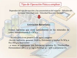 Tipo de Operación Física a emplear

Dependen del tipo de reacción y las características del mineral . Difusión del
        lixiviante Velocidad total , Velocidad Reacción Química




                      Lixiviación Bacteriana:

Existen bacterias que viven naturalmente en los minerales de
cobre, transformando S = SO4 2

 - Acción directa en presencia de agua y oxigeno
-Acción indirecta: generan H2SO4 (lixiviante) y oxidan Fe SO4 a
Fe2 (SO4)3 (lixiviante)
- a veces se superpone con lixiviación química Ej., Thiobacillus
Ferrooxidans: pH = 2 -3 ( 2g/L H2SO4) 30 - 35ºC y presencia O2


                         ESTRELLA SANTOS, Maribel Alicia
 