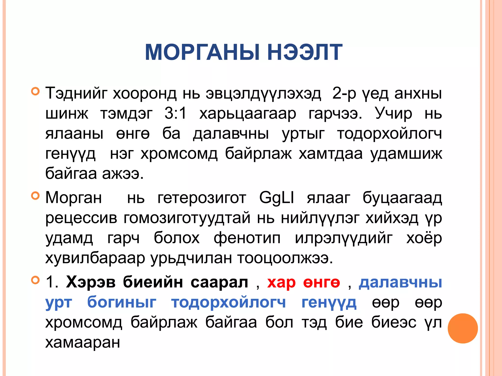 МОРГАНЫ НЭЭЛТ
Тэднийг хооронд нь эвцэлдүүлэхэд 2-р үед анхны
шинж тэмдэг 3:1 харьцаагаар гарчээ. Учир нь
ялааны өнгө ба далавчны уртыг тодорхойлогч
генүүд нэг хромсомд байрлаж хамтдаа удамшиж
байгаа ажээ.
 Морган
нь гетерозигот GgLl ялааг буцаагаад
рецессив гомозиготуудтай нь нийлүүлэг хийхэд үр
удамд гарч болох фенотип илрэлүүдийг хоёр
хувилбараар урьдчилан тооцоолжээ.
 1. Хэрэв биеийн саарал , хар өнгө , далавчны
урт богиныг тодорхойлогч генүүд өөр өөр
хромсомд байрлаж байгаа бол тэд бие биеэс үл
хамааран


 