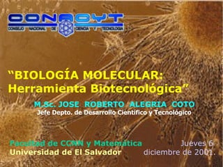 “ BIOLOGÍA MOLECULAR: Herramienta Biotecnológica” M.Sc. JOSE  ROBERTO  ALEGRIA  COTO Jefe Depto. de Desarrollo Científico y Tecnológico Facultad de CCNN y Matemática Universidad de El Salvador Jueves 6  diciembre de 2001. 