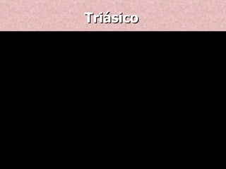 Triásico -Comenzó hace 250 millones de años. -Estuvo marcado por que los continente se siguieron separando y por la expansión de los dinosaurios en tierra firme. -Surgieron los tiburones con aletas que nadaban mejor y mas rápido. -Surge el oponente del tiburón que es parecido al delfín y esta adaptado a la vida en la tierra. 