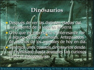 Dinosaurios Después de ver las distintas etapas del surgimiento de la vida en la tierra. Creo que es importante e interesante ver a alguno de esos animales. Antepasados de muchos de los animales de hoy en día. Veremos unos cuantos dinosaurios desde el Tiranosario hasta animales tan curiosos como el estegosaurio. 