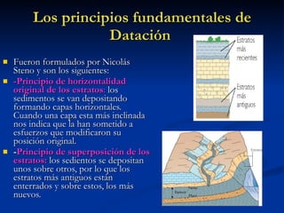 Los principios fundamentales de Datación   Fueron formulados por Nicolás Steno y son los siguientes: -Principio de horizontalidad original de los estratos :  los sedimentos se van depositando formando capas horizontales. Cuando una capa esta más inclinada nos indica que la han sometido a esfuerzos que modificaron su posición original. - Principio de superposición de los estratos:   los sedientos se depositan unos sobre otros, por lo que los estratos más antiguos están enterrados y sobre estos, los más nuevos. 