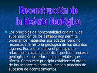 Los principios de horizontalidad original y de superposición de los estratos nos permite ordenar los materiales por edades, pero no reconstruir la historia geológica de los distintos lugares. Por eso se utiliza el principio de relaciones cruzadas, que dice que todo proceso geológico es posterior a los materiales que afecta. Como este principio establece el orden de los acontecimientos es llamado principio de sucesión de acontecimientos. Reconstrucción de  la historia Geológica 