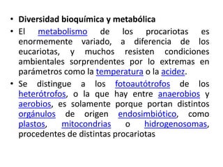 • Diversidad bioquímica y metabólica
• El metabolismo de los procariotas es
  enormemente variado, a diferencia de los
  eucariotas, y muchos resisten condiciones
  ambientales sorprendentes por lo extremas en
  parámetros como la temperatura o la acidez.
• Se distingue a los fotoautótrofos de los
  heterótrofos, o la que hay entre anaerobios y
  aerobios, es solamente porque portan distintos
  orgánulos de origen endosimbiótico, como
  plastos,   mitocondrias     o    hidrogenosomas,
  procedentes de distintas procariotas
 